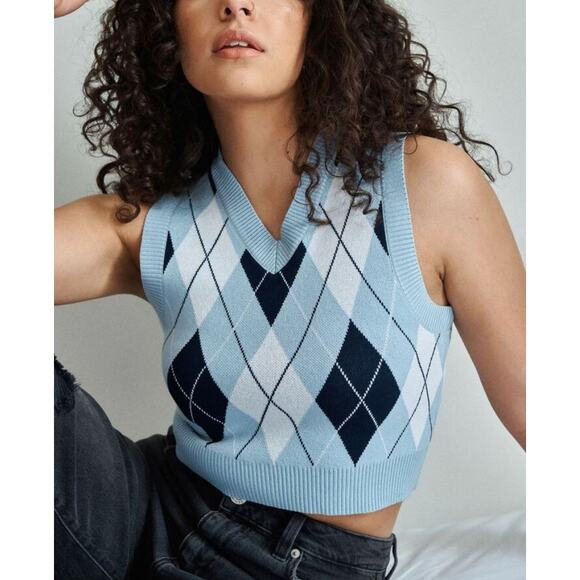 NEW Garage Women's‎ Argyle Vest Crop Top SZ Large Blue - Picture 1 of 9